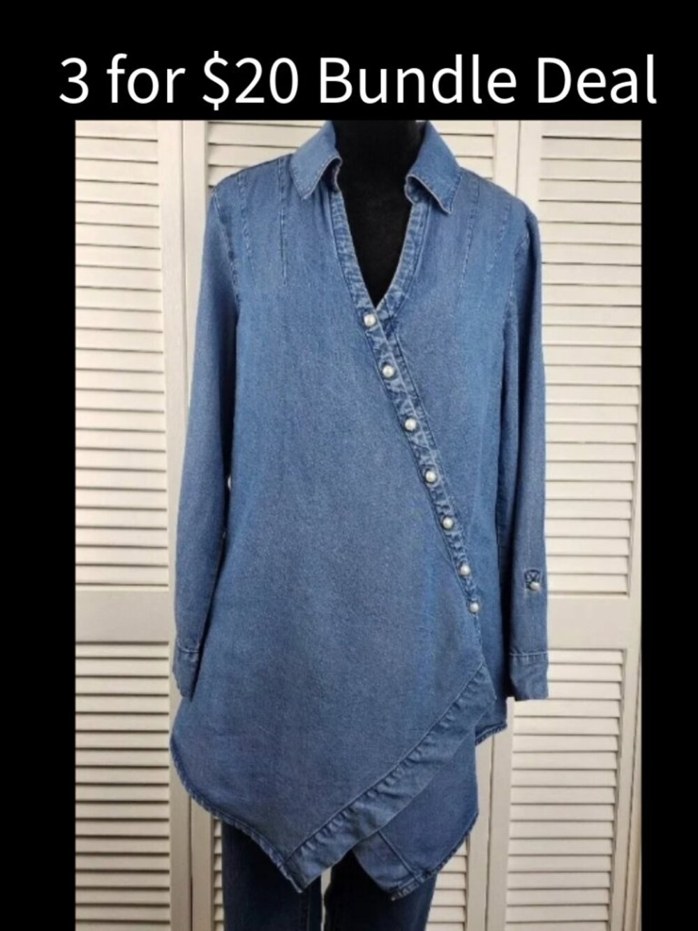 Chambray Top size Small Relaxed Tencel V Neck Asymmetrical Hem Button UP